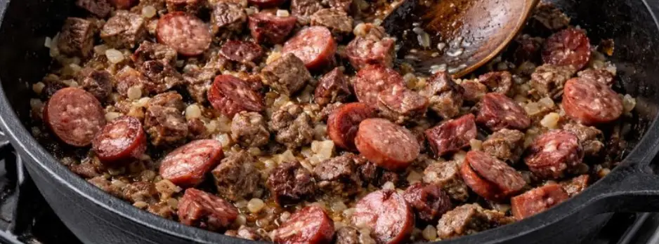 Carnes de churrasco e linguiça sendo refogadas em panela de ferro