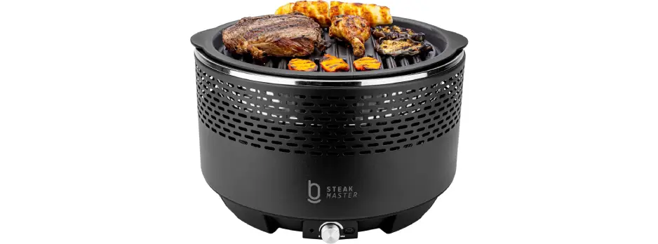 Churrasqueira portátil Biscuitt Steak Master a carvão com controle USB de fluxo de ar e grelha em ferro fundido